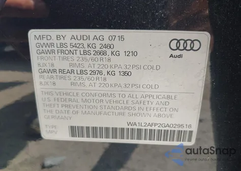 2016 Audi Q5 2.0T Premium z USA, uszkodzony, nr VIN WA1L2AFP2GA029516
